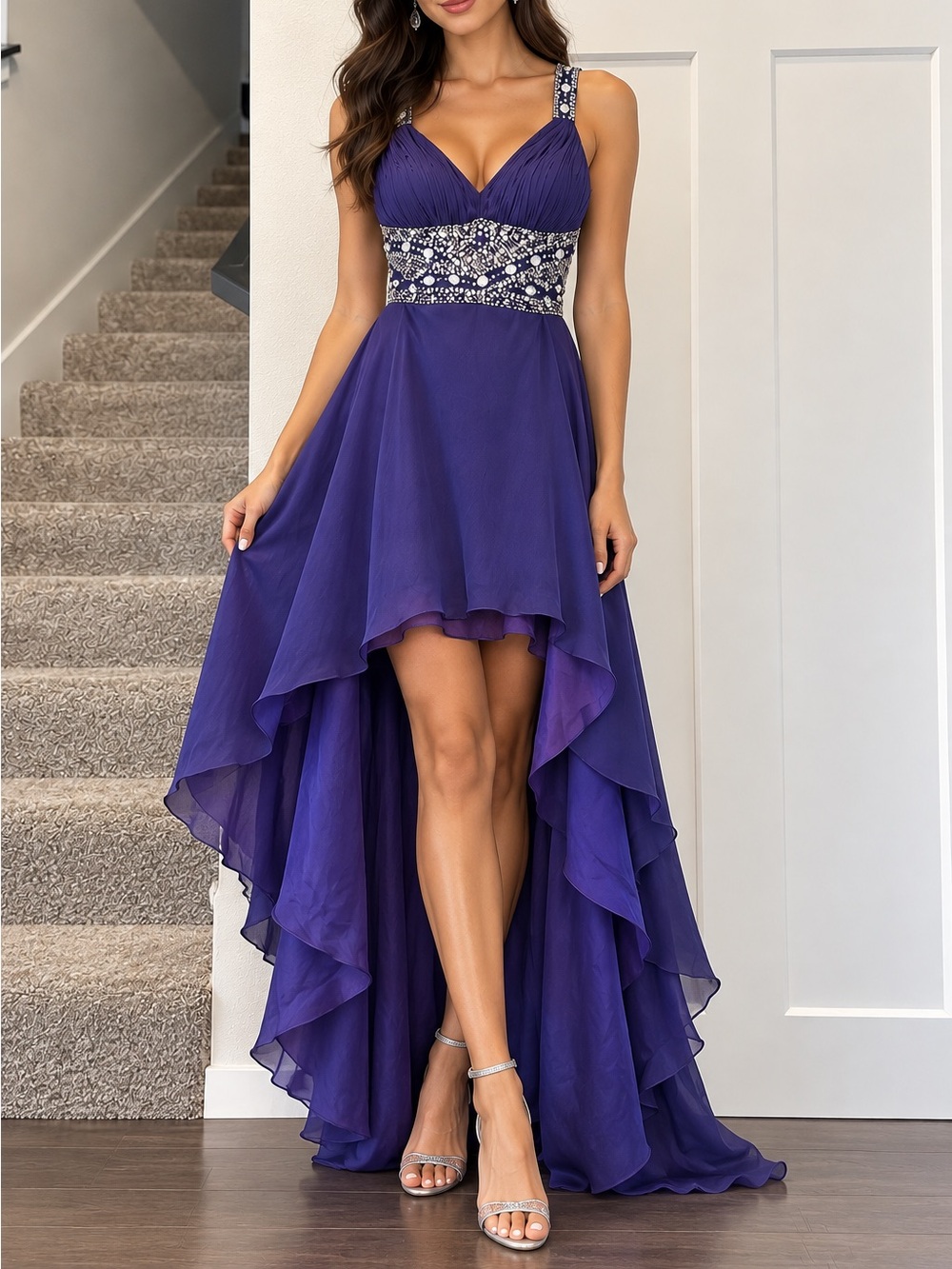 Fiesta Purple High-Low Formal Prom Event Dress with Beaded Waist size M